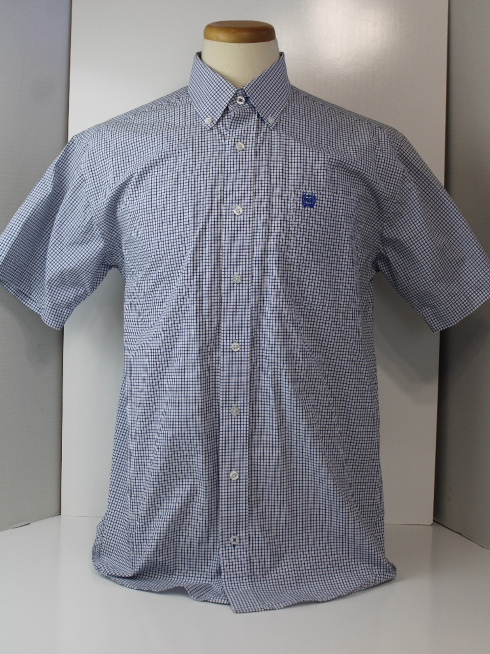 Cinch Men's Short Sleeve Button Down Dress Shirt Small 100% Cotton Blue/White